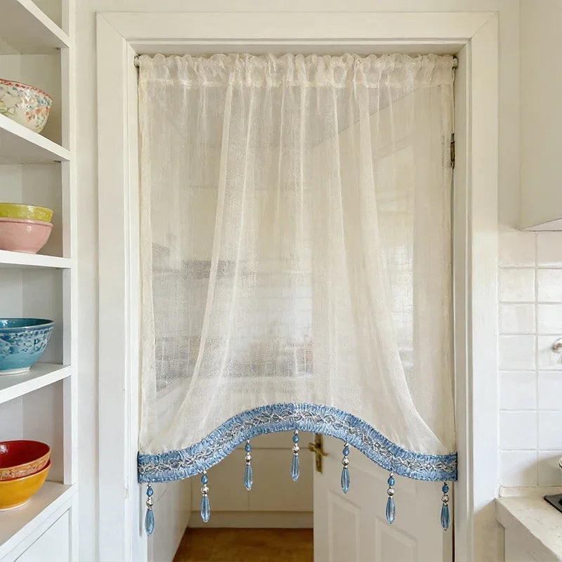 ruban décoratif pompons motif géométrique classique bleu clair bleu foncé noir vert clair
