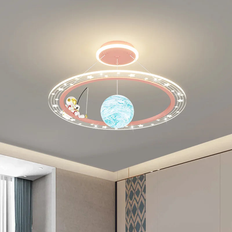 lampe suspendue moderne étoiles astronaute blanc doré bleu clair éclairage chambre enfant