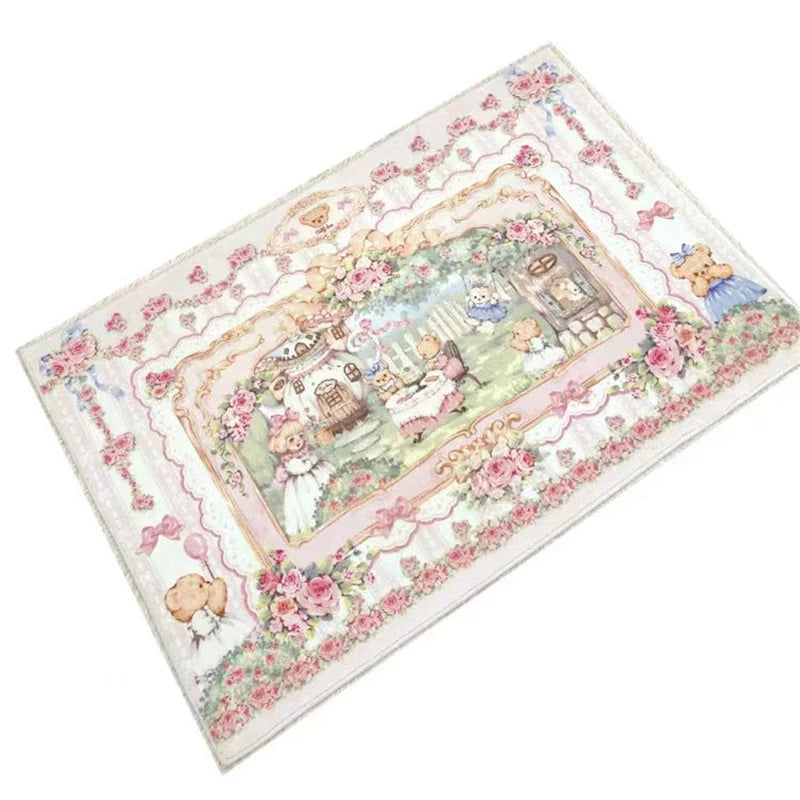tapis vintage rose personnages animaux paysage champêtre fleurs intérieur extérieur