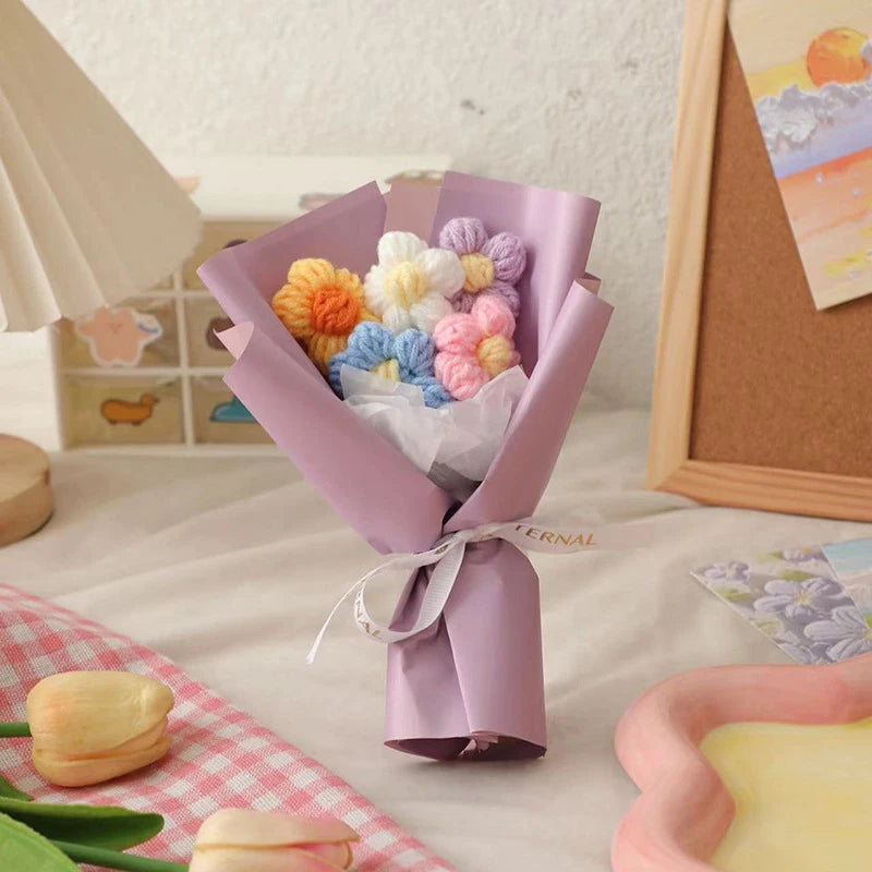 bouquet fleurs artificielles tricotées coton violet rose bleu modernes décoration intérieure anniversaire mariage valentin