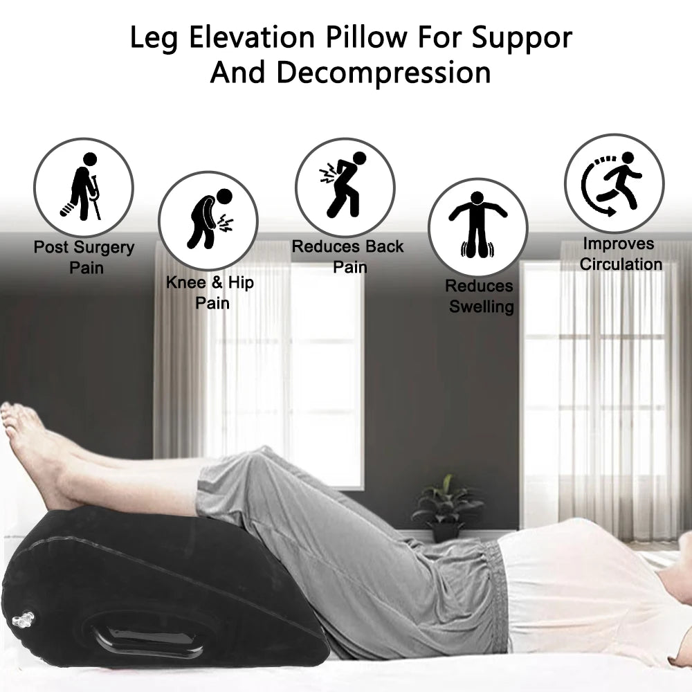coussin gonflable velours noir poignée métallique confort jambes élévation sommeil voyage camping