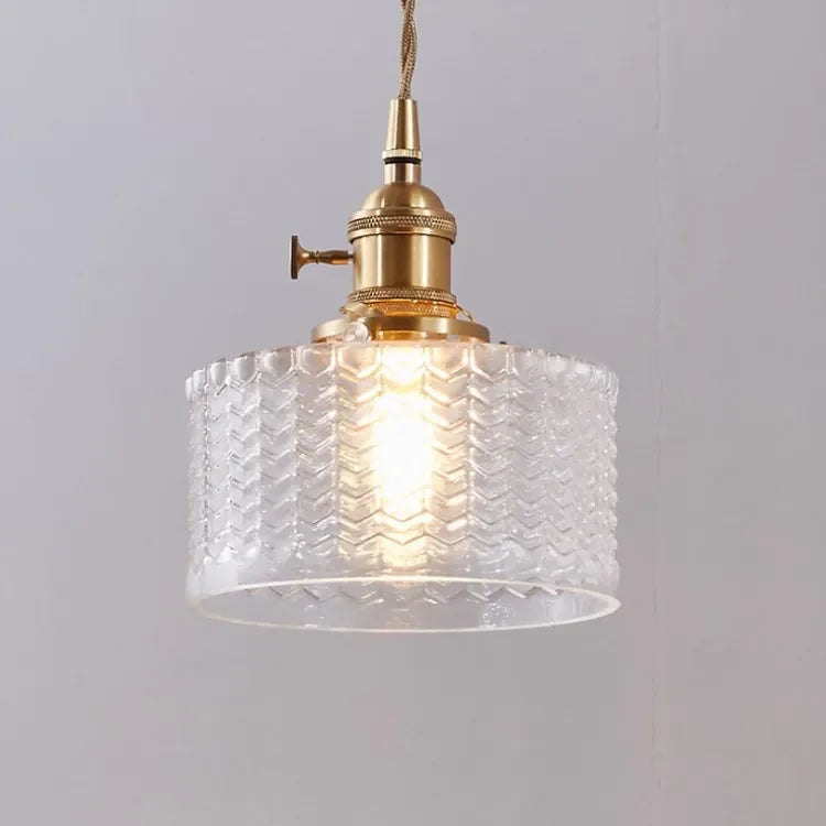 lampe suspendue moderne transparente cuivre rayures verticales ampoule led vis fixe chambre salon étude