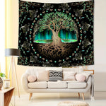 tapisserie arbre vie noir vert doré motifs floraux artisanal clips fixation chambre 75x58cm