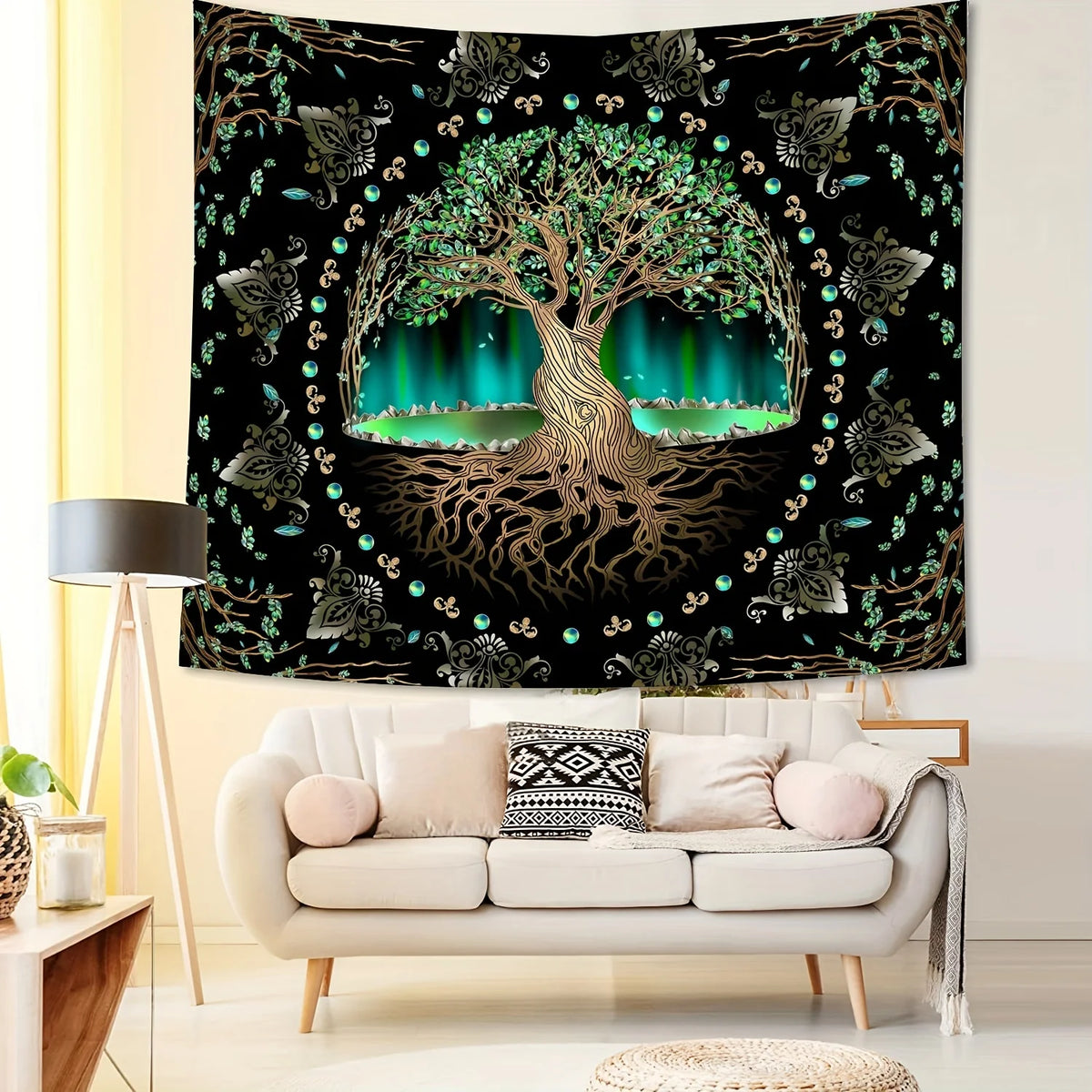 tapisserie arbre vie noir vert doré motifs floraux artisanal clips fixation chambre 75x58cm