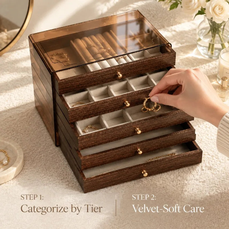 boîte bijoux bois marron classique tiroirs poignées dorées compartiments organisation élégante rangement transparent couvercle