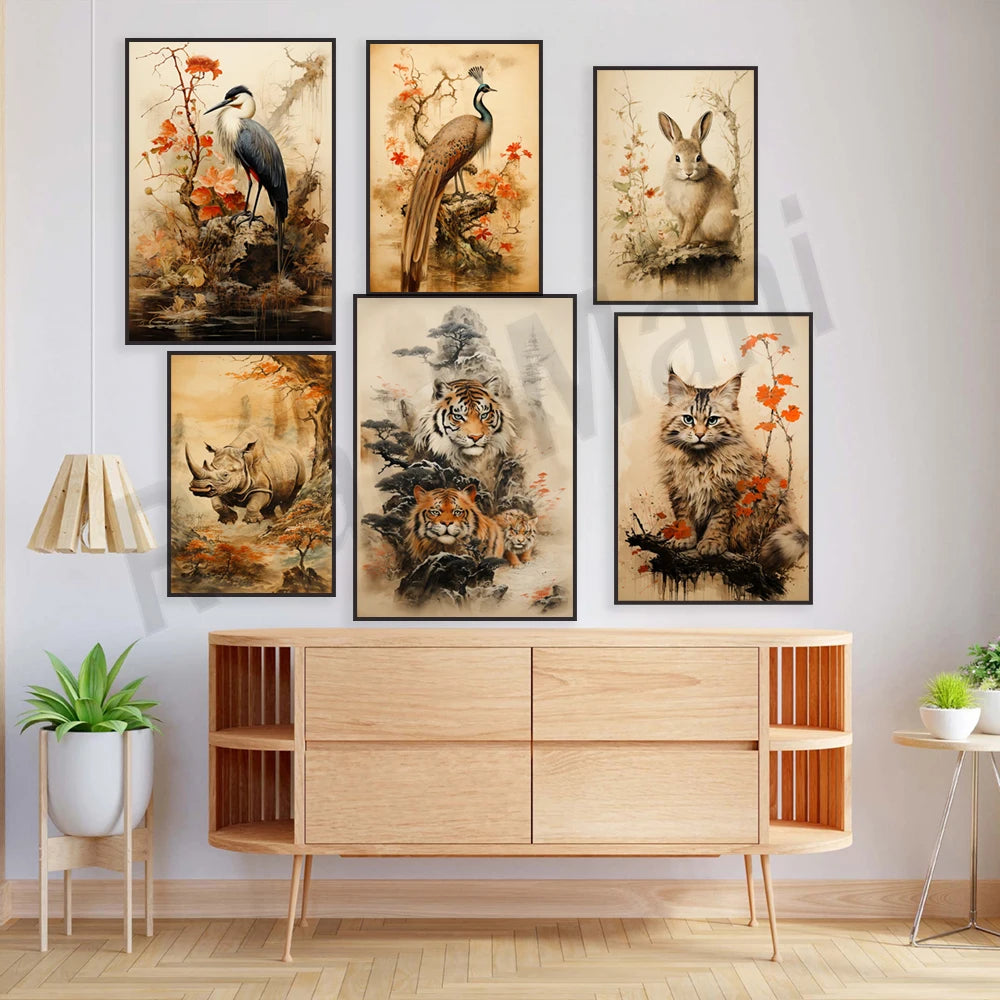 Une sélection d'illustrations artistiques de la nature sauvage, mettant en scène des animaux tels qu'un héron, un paon, un lapin, un rhinocéros et des tigres dans des décors de fleurs et de feuillage automnal.