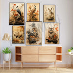 Une sélection d'illustrations artistiques de la nature sauvage, mettant en scène des animaux tels qu'un héron, un paon, un lapin, un rhinocéros et des tigres dans des décors de fleurs et de feuillage automnal.