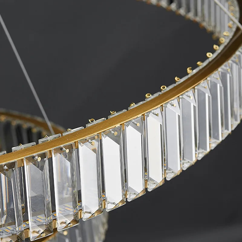 suspension lumineuse moderne or transparent cristaux led télécommande élégante salon chambre