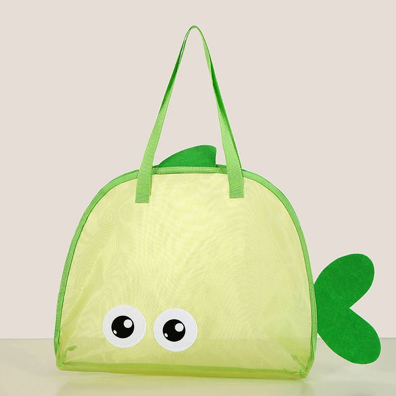 sac plage polyestère réutilisable orange vert bleu noir poisson transparent enfant pelle seau jouets