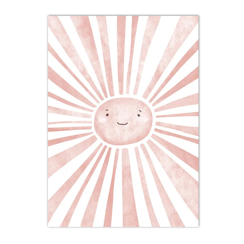 lot affiches murales cadre bois doré fleurs arc ciel soleil chambre enfant fille rose