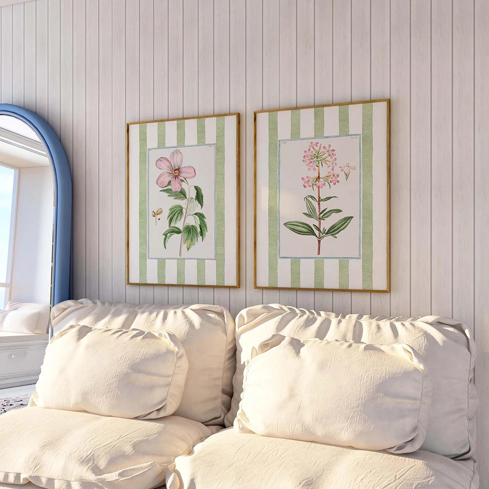 toile d'art vintage botanique fleurs feuilles rayures vertes roses classique sans cadre