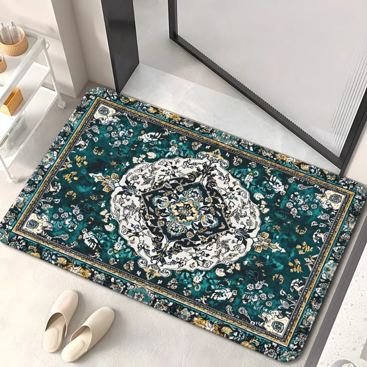 tapis entrée bleu marine rouge bordeaux ornements floraux motifs géométriques classique 40x60cm 50x80cm résistant