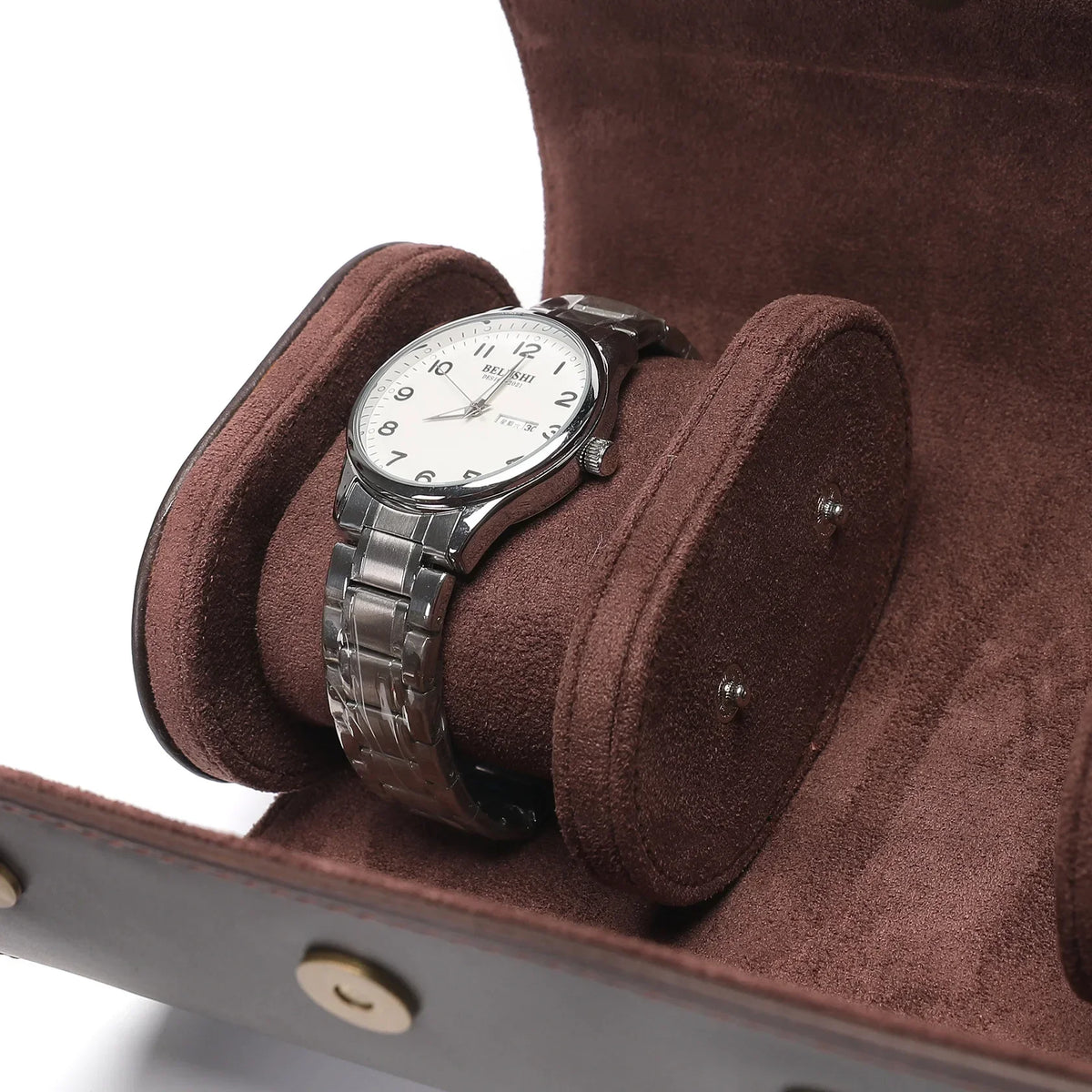 boîte rangement montres cuir velours marron clips métalliques places classique