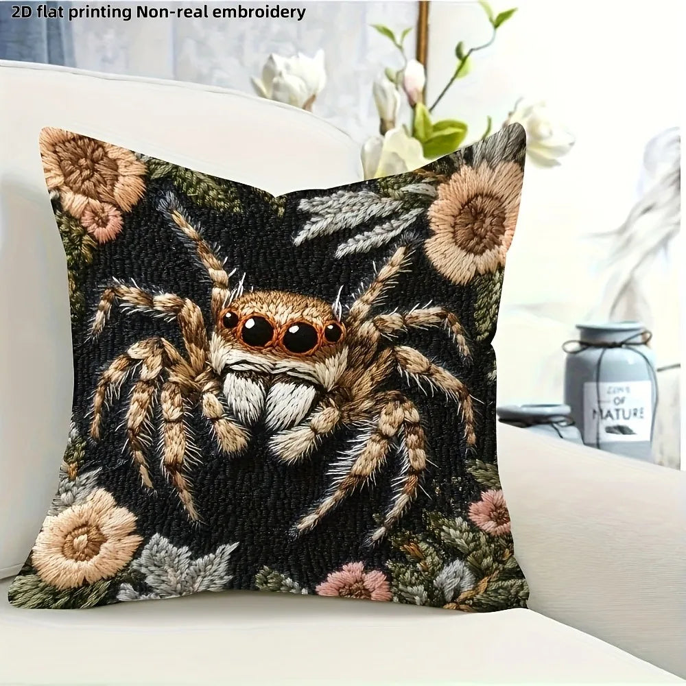 housse coussin araignée fleurs moderne polyester noir beige blanc 45x45cm