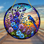 vitrail floral opaque art nouveau oiseaux chaîne métallique suspension fenêtre 20x20cm