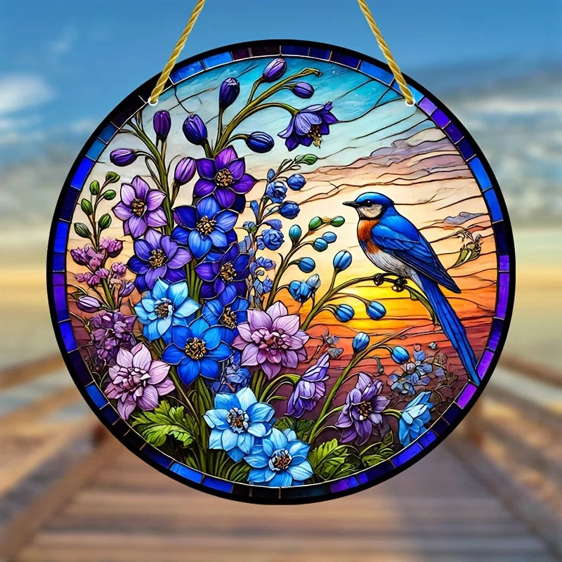 vitrail floral opaque art nouveau oiseaux chaîne métallique suspension fenêtre 20x20cm