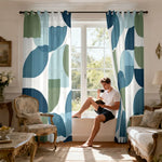 rideaux abstraits semi transparents moderne blanc bleu vert cercles rectangles salon polyester