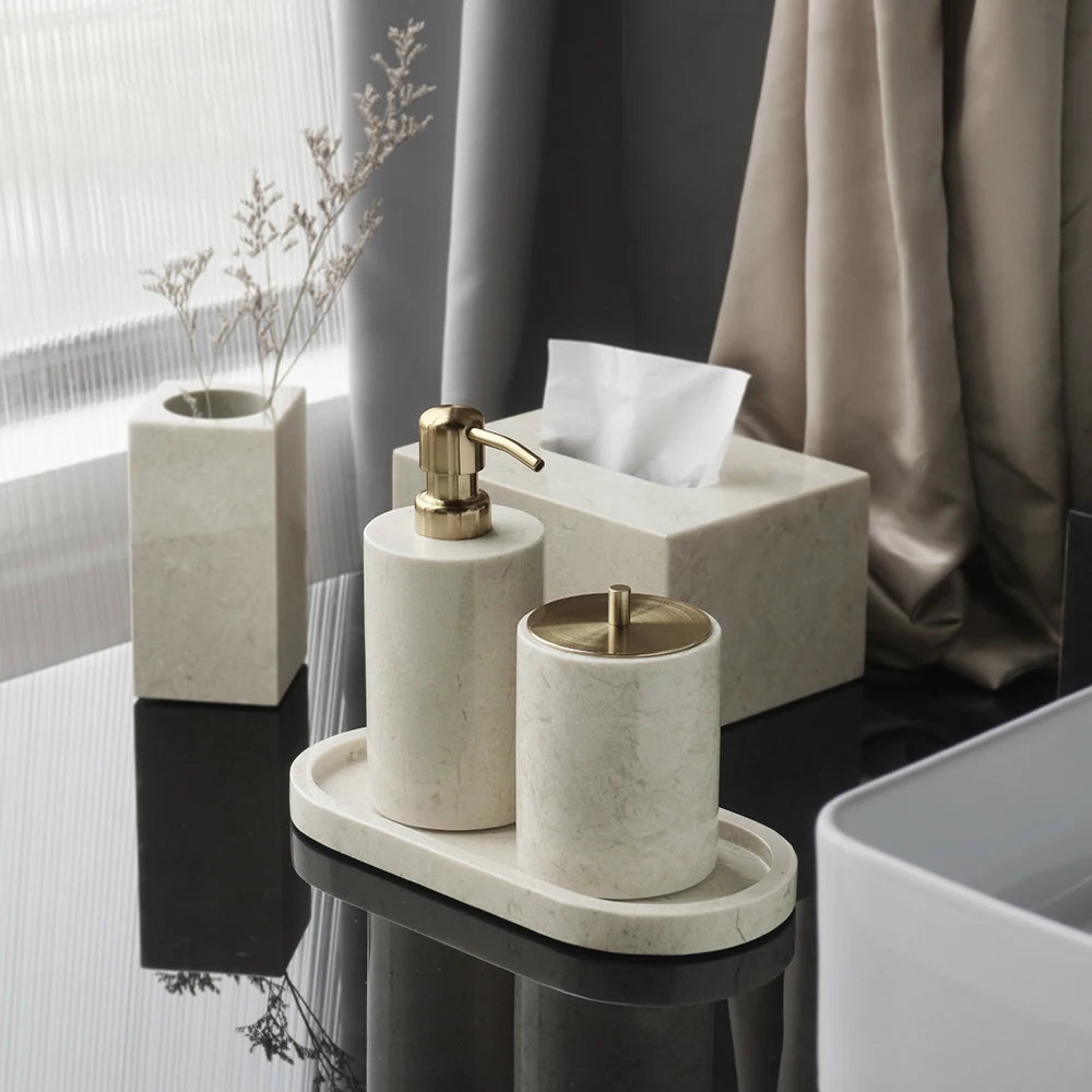 ensemble salle bain marbre blanc doré plateau distributeur savon accessoires