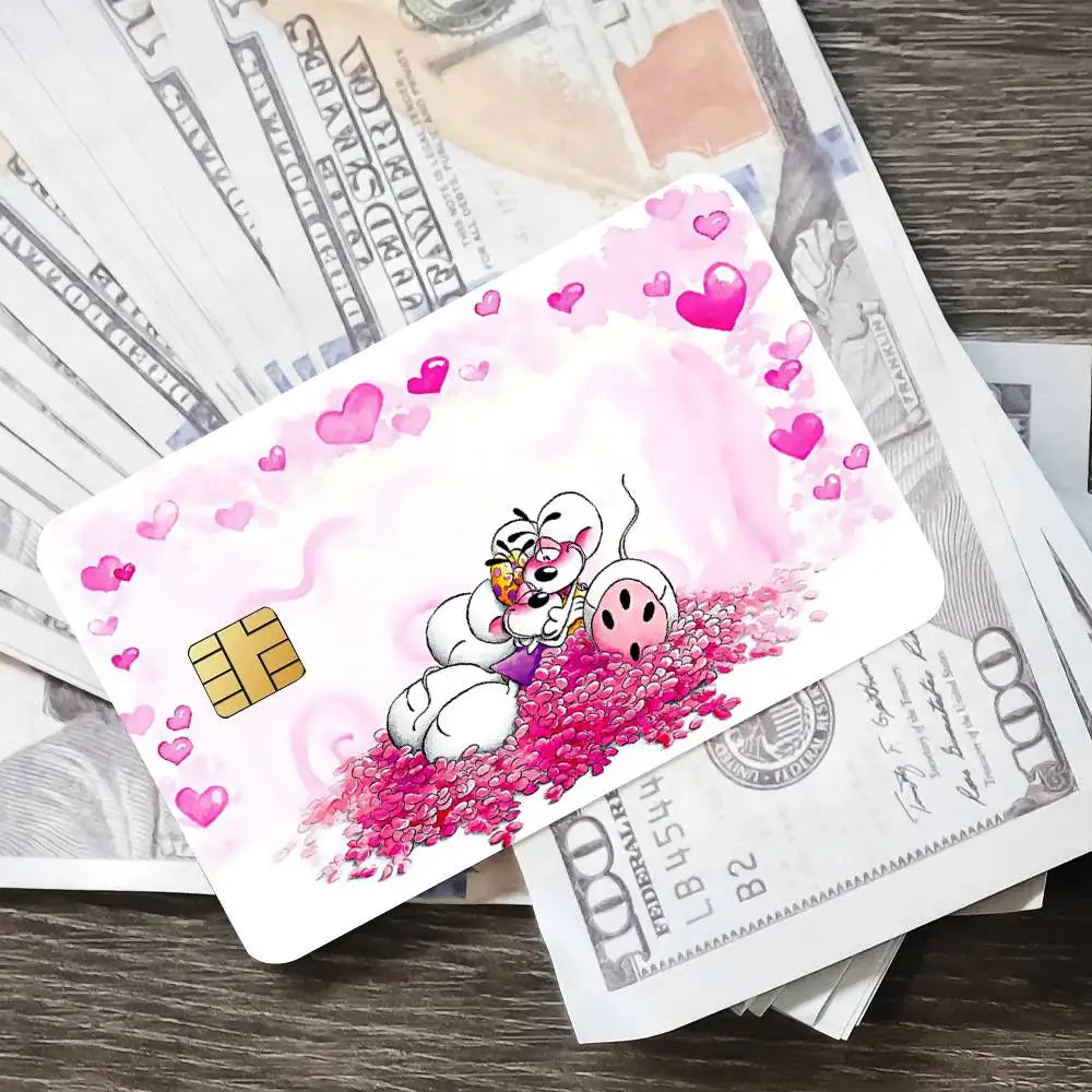 cartes bancaires personnalisées dessin animé souris coeurs papillons fleurs blanc rose vert jaune