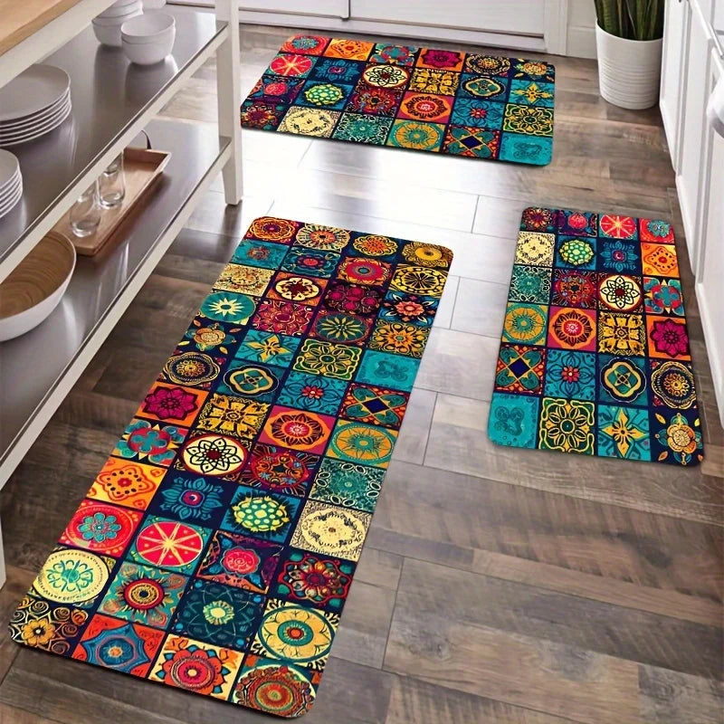 tapis boho chic multicolore motifs floraux géométriques variés salle bain