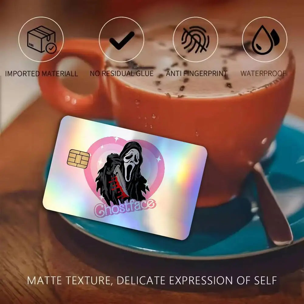 autocollants cartes bancaires effet laser pop art masques effrayants multicolores réutilisables