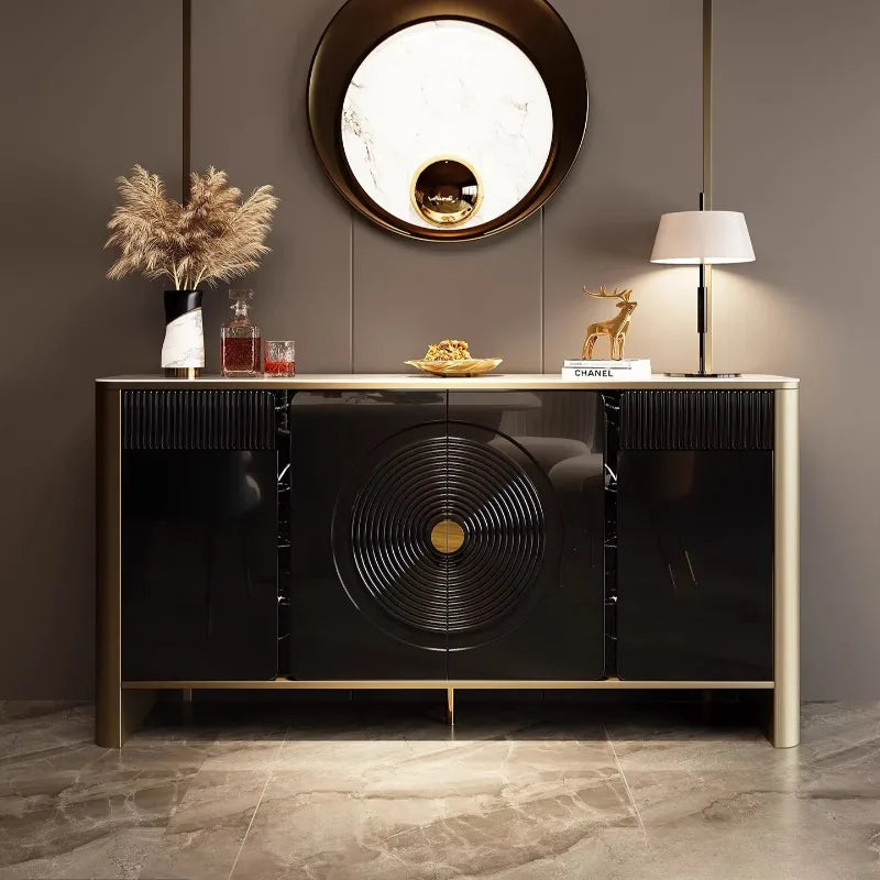 meuble rangement moderne armoire noire dorée tiroirs entrée salon élégant pieds métalliques plateau
