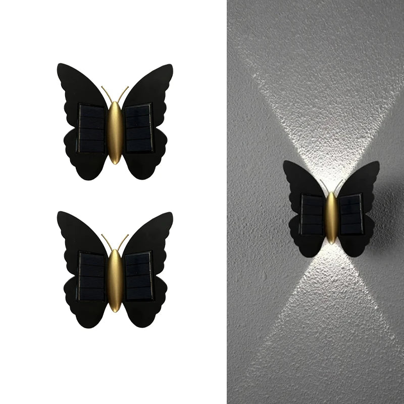 lampe murale solaire led papillon moderne noir doré extérieure adhésive ip44 rechargeable 2lumieres