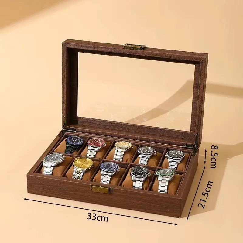 boîtes montres bois foncé grain naturel classique boutons dorés montres bracelets bijoux