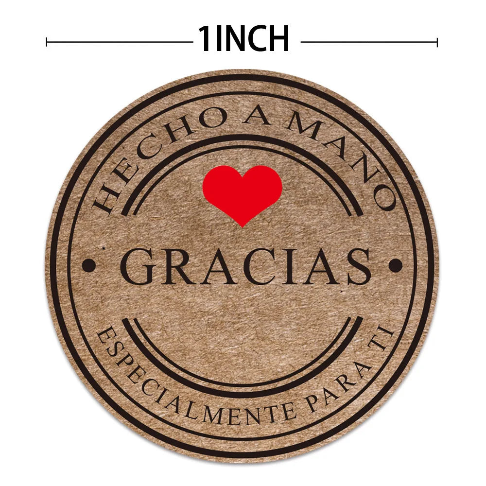 étiquettes autocollantes vintage cœur rouge HECHO MANO ESPAGNE GRACIAS artisanales marron clair