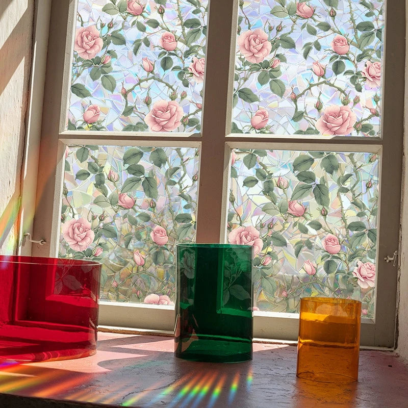 film vitrail fleurs papillons adhésif multicolore décoratif fenêtre opacité artiste