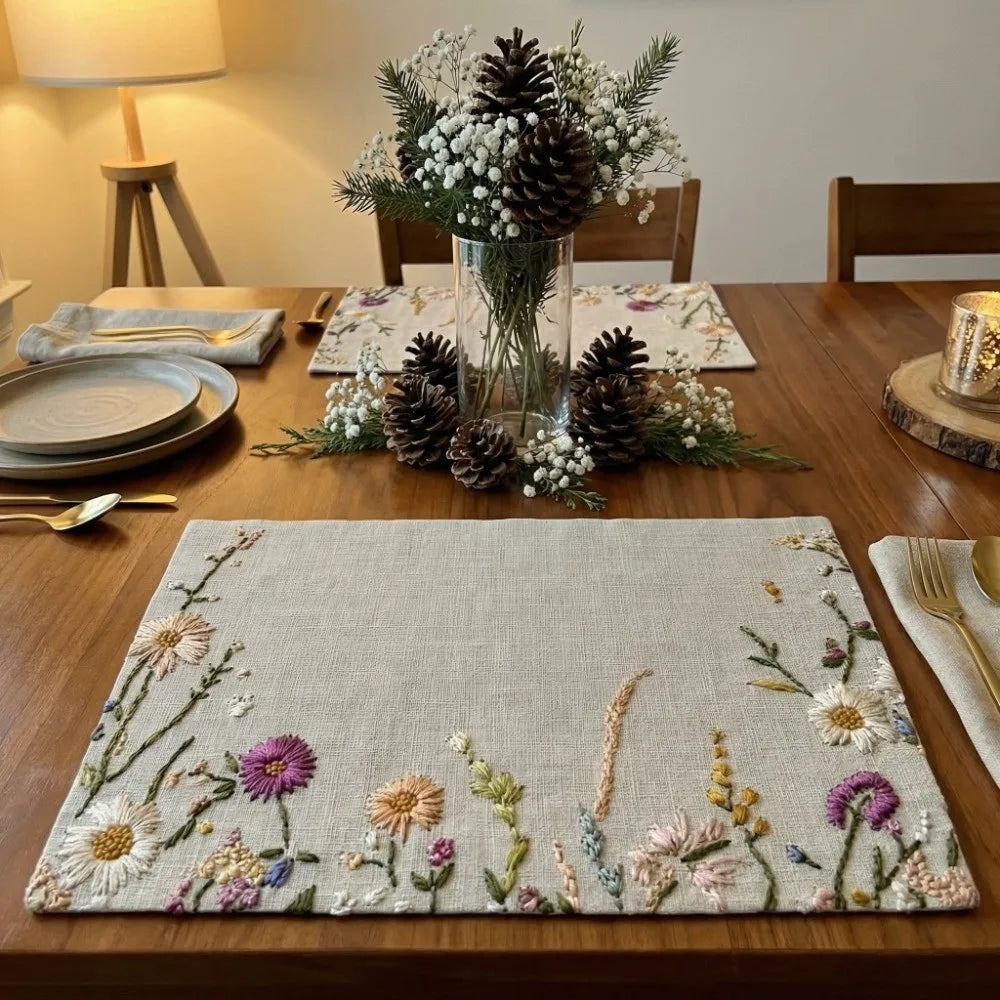 serviette table traditionnelle broderie fleurs colorées beige clair rectangulaire pastel résistante isolation thermal