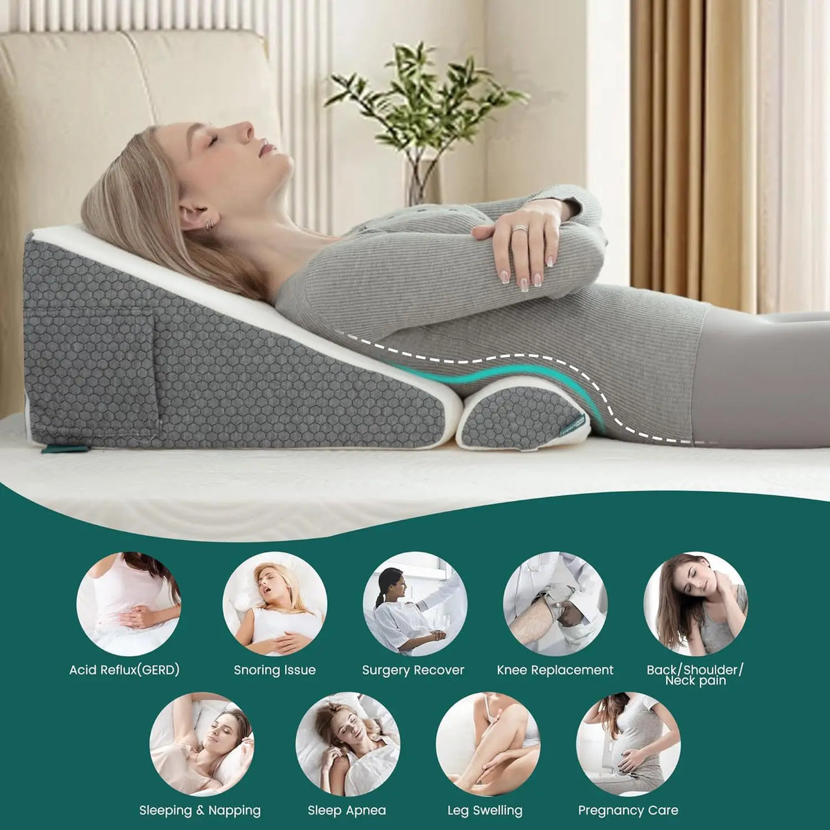 coussin triangulaire gris blanc mousse mémoire forme oreiller croissant amovible housse lavable texture géométrique