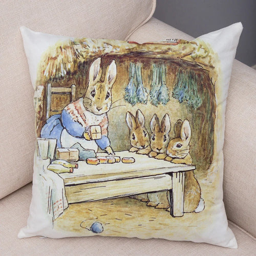 coussin carré blanc motif lapin oiseaux décoration salon textile peau pêche vintage