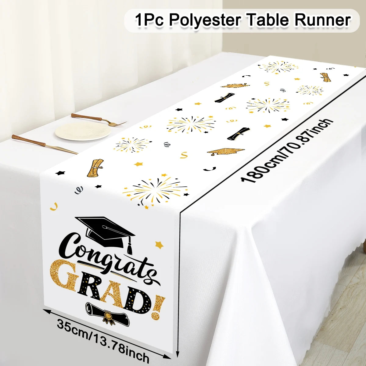 nappe table fête remise diplôme motifs cérémonie confettis étoiles feu artificiel polyester noire or