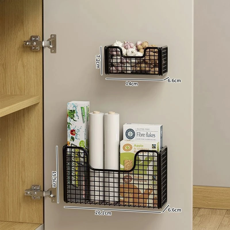paniers rangement mural adhésifs noir maille métallique moderne cuisine sans perçage