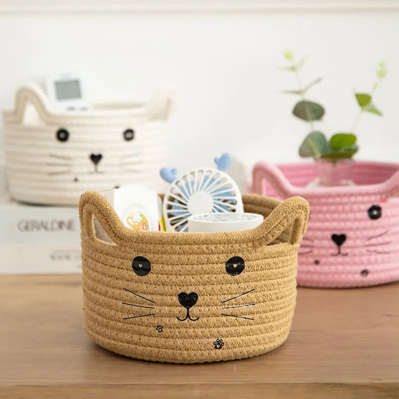 panier rangement créatif réutilisable blanc rose jaune vert bleu visage chat brodé enfantin respectueux