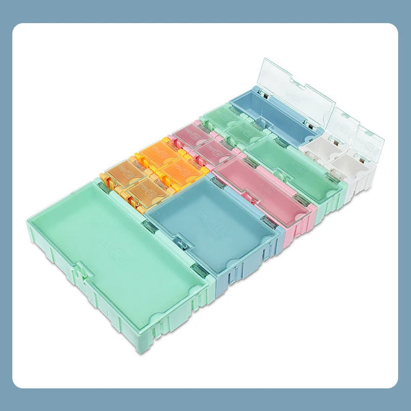 boîtes rangement électroniques vert rose bleu clips fermeture pratiques modernes