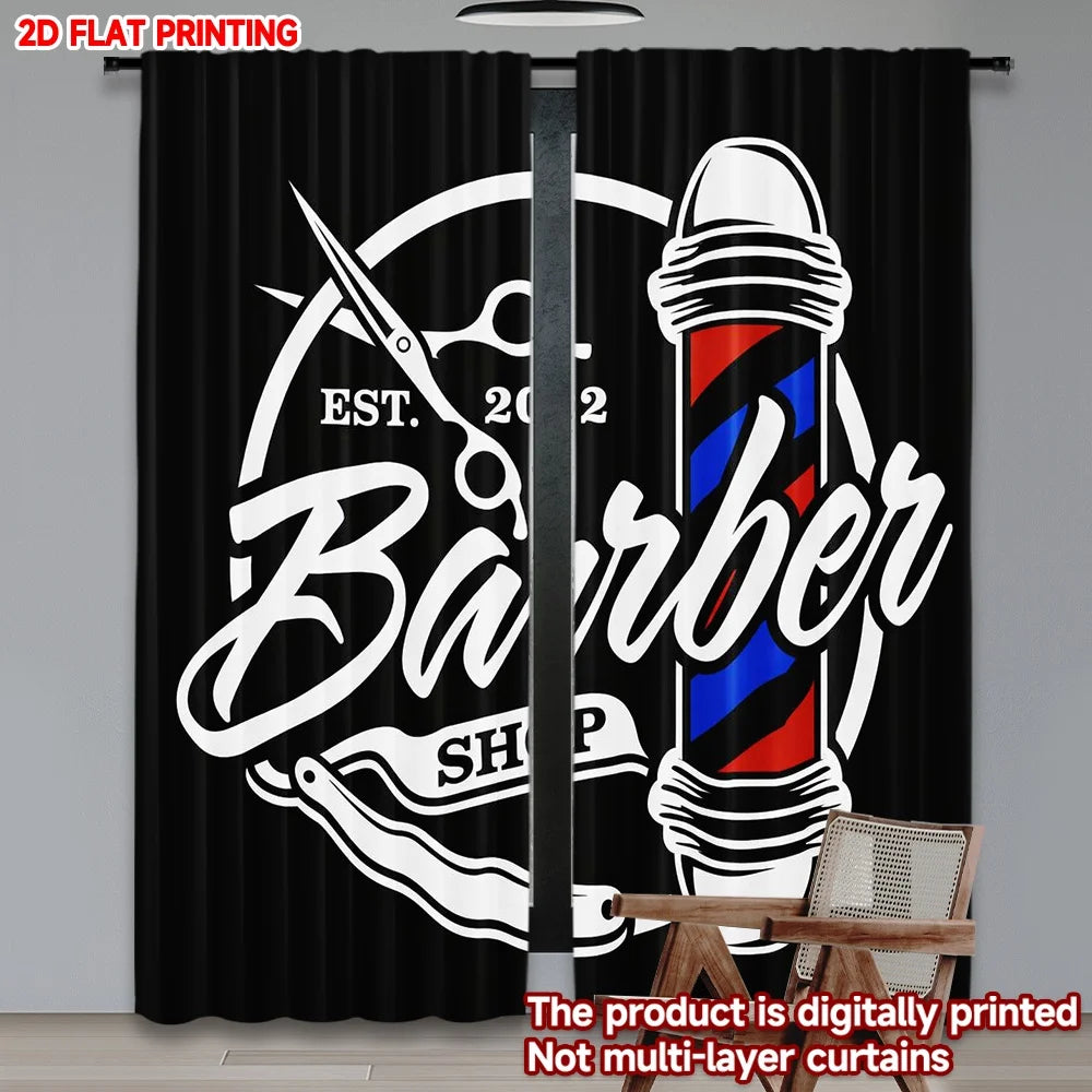 rideau noir blanc rouge bleu barbershop ciseaux pince coiffeuse polyester moderne graphique