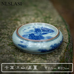 boîte thé bleu blanc rouge peinture chinoise artisanale tasse inclusion montagne fleur