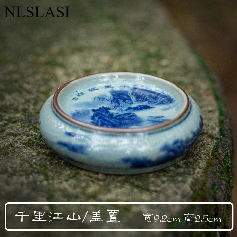 boîte thé bleu blanc rouge peinture chinoise artisanale tasse inclusion montagne fleur