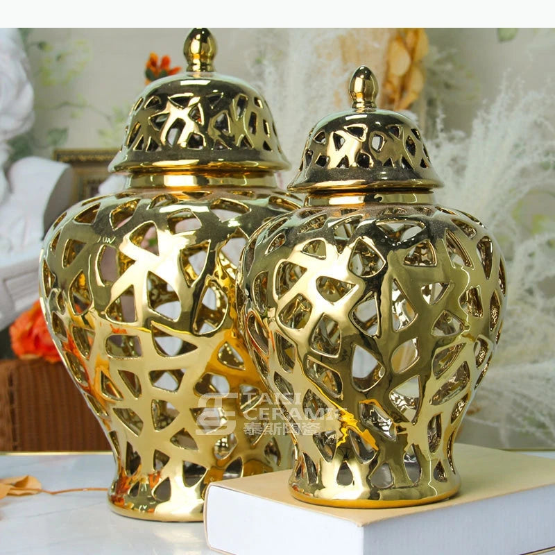 vase moderne or blanc argent réseau géométrique élégant poignée couvercle