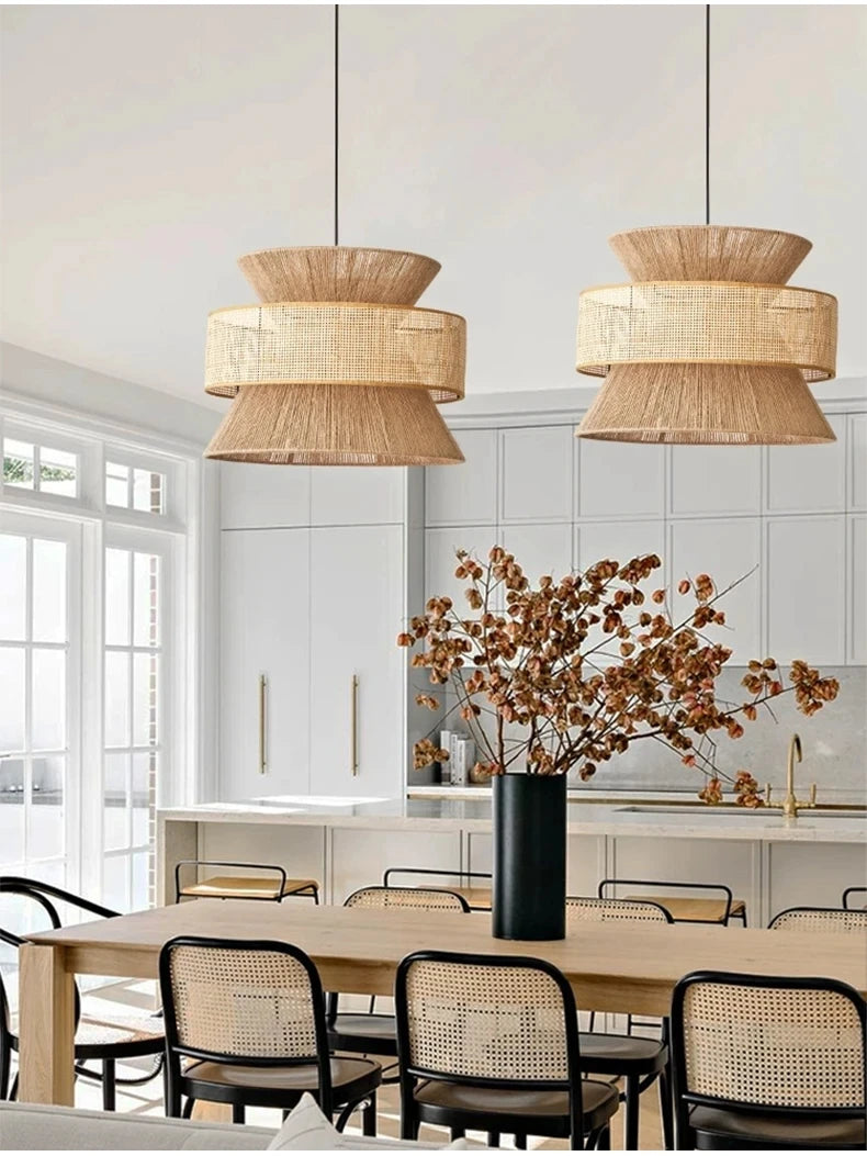 suspension luminaire osier tressé corde chanvre rustique moderne restaurant bar intérieur