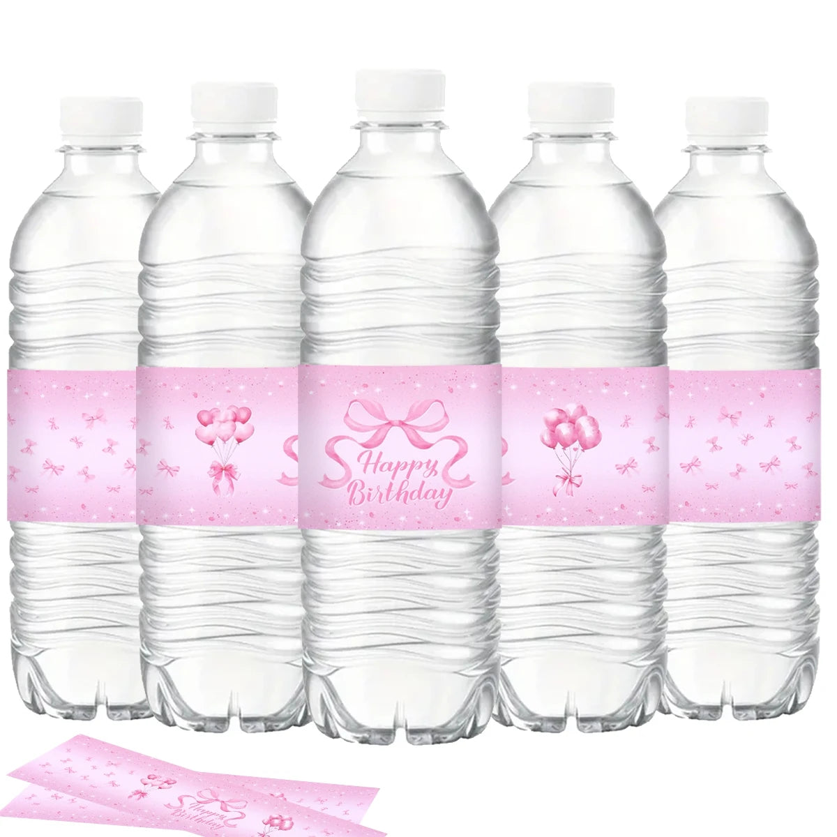 étiquettes autocollantes bouteilles d'eau transparentes motif ballons roses rubans happy birthday points dorés festif