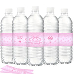 étiquettes autocollantes bouteilles d'eau transparentes motif ballons roses rubans happy birthday points dorés festif