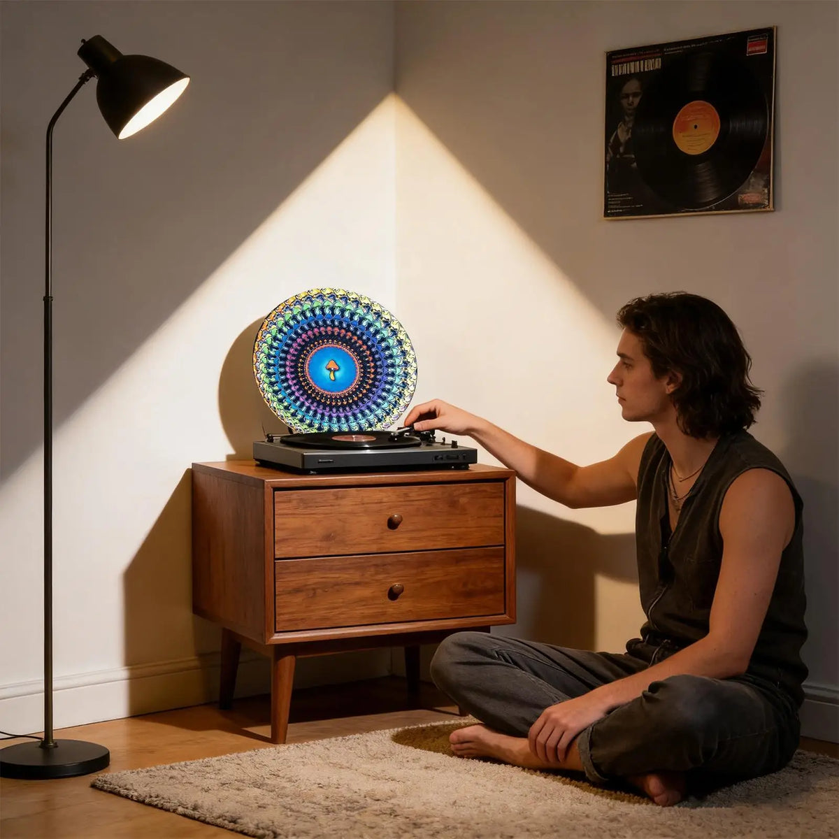 tapis antidérapant disque vinyle bleu blanc orange mandala artisanal studio musicien dj famille amis