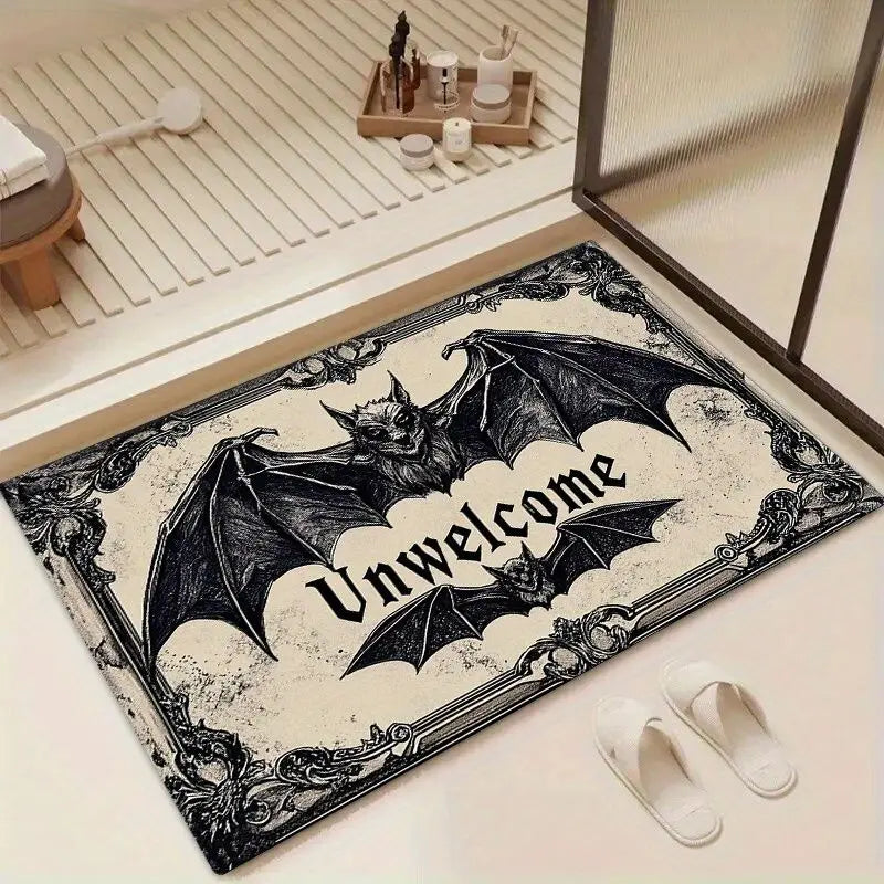 tapis d'entrée gothique chauve souris unwelcome moderne beige noir antidérapant vintage