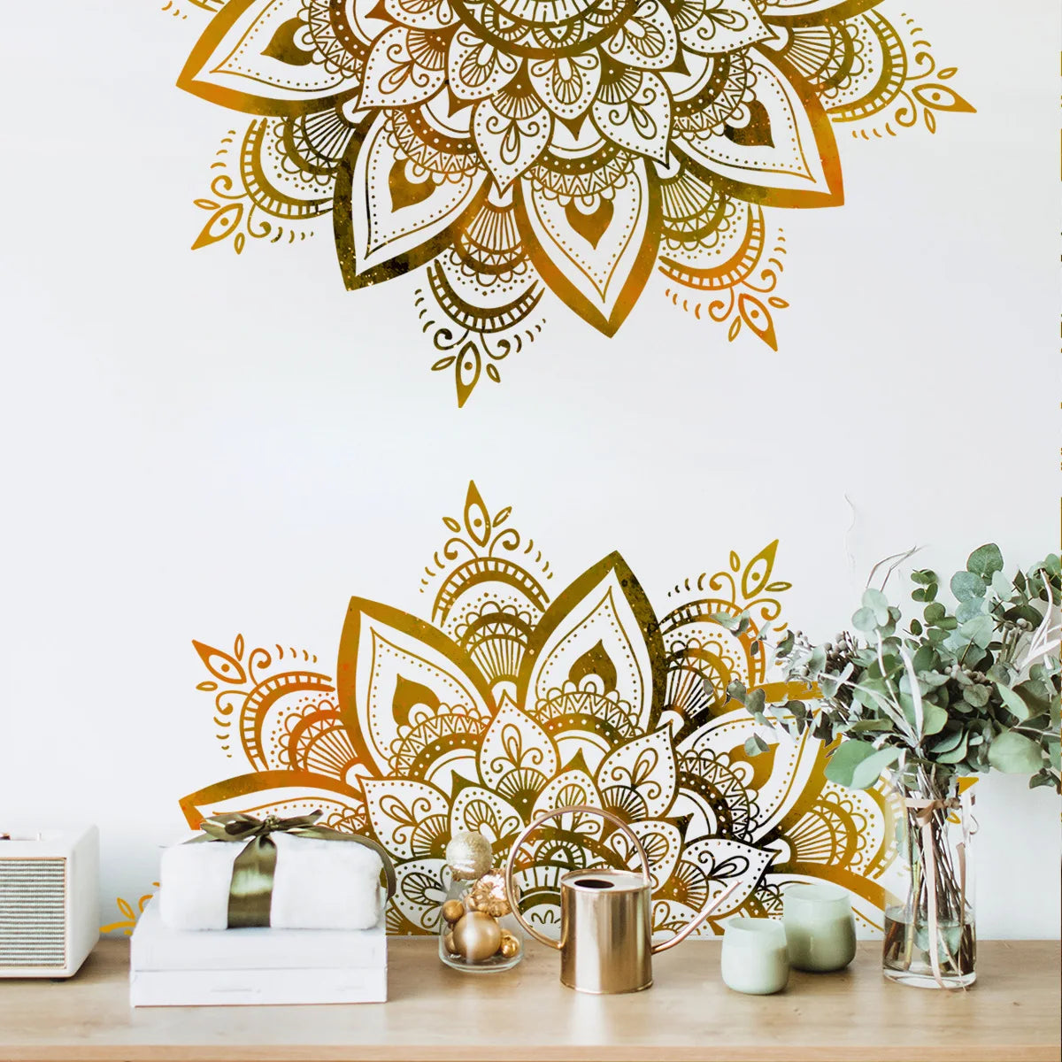 sticker mural mandala complexe doré beige ethnique boho chic adhésif salon chambre décoration murale