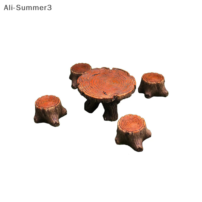accessoires art jardin decoration resine miniature table tabourets herbe verte aspect bois feerique