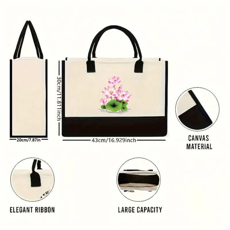 sac main toile fleurs roses feuilles vertes beige noir moderne