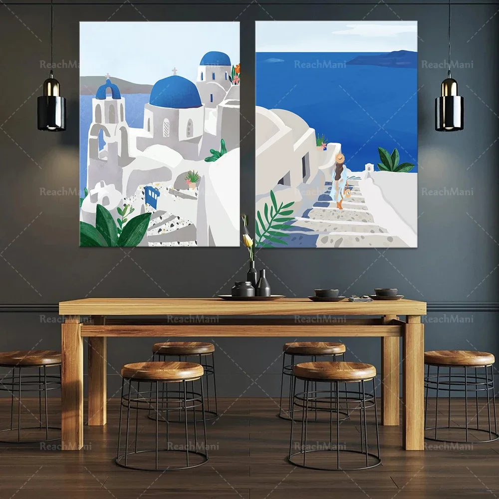 Une magnifique illustration d'un paysage méditerranéen avec des églises aux dômes bleus et une vue sur la mer, créant une atmosphère méditerranéenne apaisante dans cet espace repas.